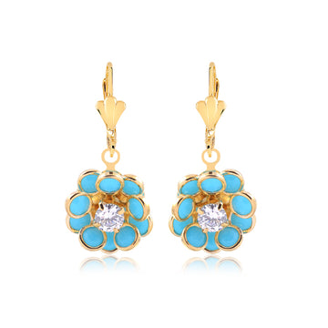 18K Gold Layered Oro Laminado Red & Blue Rhinestone Flower Design Dangle Leverback Earrings 21.0156/3/6